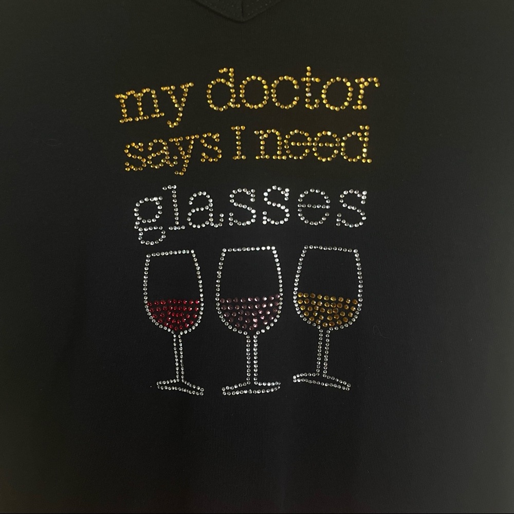 Chris’s Stuff Women’s Black Tee with Wine saying - S